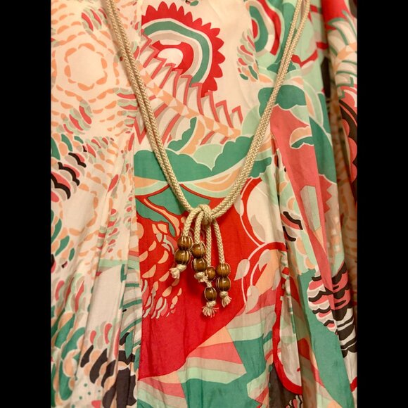 Coral, Green, Peach, Cream Floral Boho Elie Tahari Tropical Midi Skirt (US 2) - Picture 3 of 5